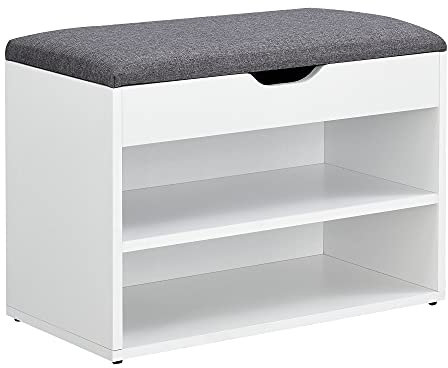 [en.casa] Panchina Portascarpe con Seduta Apribile (AxLaxP) 46 x 60 x 30 cm Panca da Ingresso/Corridoio Mobiletto con Seduta Imbottita, Contenitore e 2 Ripiani - Bianco/Grigio