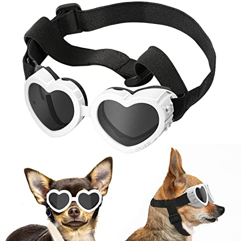 Lewondr Lunettes de Soleil pour Petits Chiens - Lunettes de Protection UV - en Forme de cœur - Coupe-Vent - Anti-buée - Imperméables - avec Bande élastique réglable - pour Petits Chiens - Blanc