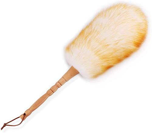 HaoCH Lambswool Duster with Solid Wooden Handle, Fluffy Cleaning Brush for Cobweb Radiator Blinds Windows - 18.9 Inch, Light Yellow (HC-111)