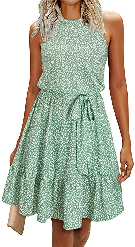 Newshows Sommerkleider Damen Knielang Elegant Kleid Blumenmuster Neckholder Rüschen Freizeitkleider mit Taschen