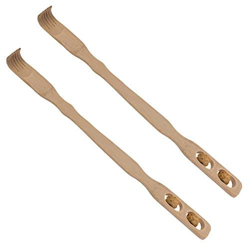 HAC24 2er Set Rückenkratzer mit Massagerollen Bambus 46 cm Kratzhand Rücken Kratzer Rückenmassage