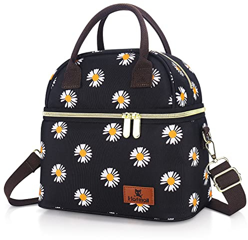 Hafmall Bolsa Termica Porta Alimentos 2 Compartimentos, Negro+Margarita | Bolsa Porta Comida para Mujer y Hombres, Lunch Bag Ideal para Trabajo
