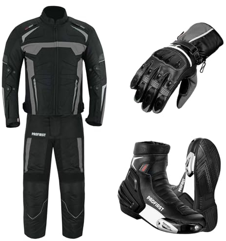 PROFIRST Motorbike Suit For men’s Motorcycle Titanum Boots 2 Piece Suit Reflective Textile Fabric and CE Approved Fully Armour - Jacket+Trouser+Boots+Gloves For All Weather (XL, Grey)