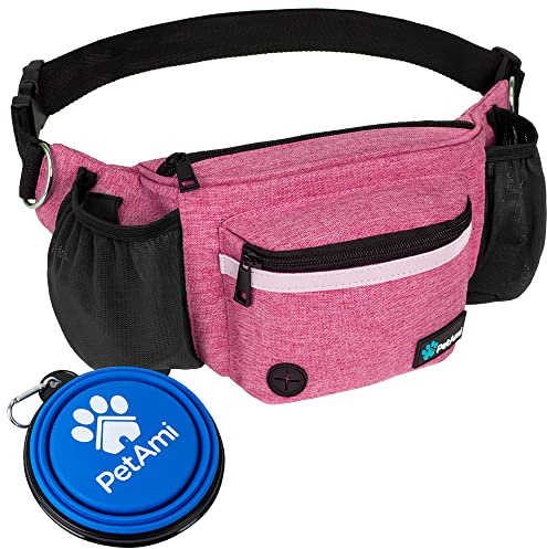 PetAmi Dog Fanny Pack, Treat Pouch for Dog Walking, Training, Built in Poop Bag Dispenser, Water Bottle Holder, Collapsible Bowl, Pet Treat Waist Belt for Hiking, Running, Kibbles (Pink)