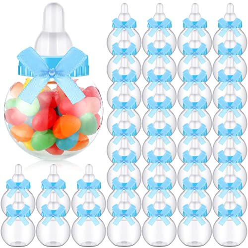 Sosation 48 Pcs Baby Shower Favor Bottles Mini Milk Bottle Party Favor Gift, Baby Shower Candy Jar with Bow Knots for Disclosure Birthday Party Favors Gift for Guest(Blue)