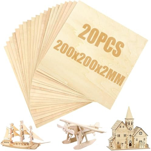 SENENQU 20 Pezzi Compensato 2mm Fogli di Legno 200 x 200 x 2 mm Pannello Legno Pannelli Tiglio Tavolette Legno per Lavoretti Per Artigianato Fai Da Te, Modello