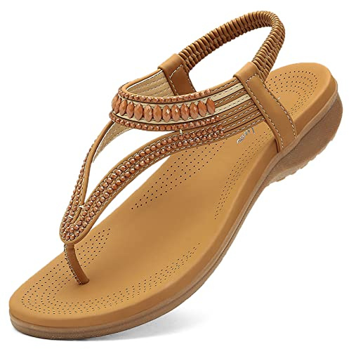 Littleplum Women's Summer Sandals Casual Comfortable Flip Flops Beach Shoes Ankle T-Strap Thong Elastic Flat Sandals for Women Brown Size 9