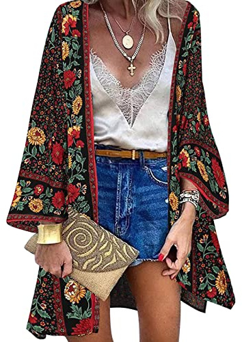 Vancavoo Kimono de Playa para Mujeres Cover Up Floral Cárdigan Bohemia Suelto Verano Blusa Chal Sexy Playa Traje de Baño Camisolas Playa Mujer(Negro-Flor,XL)