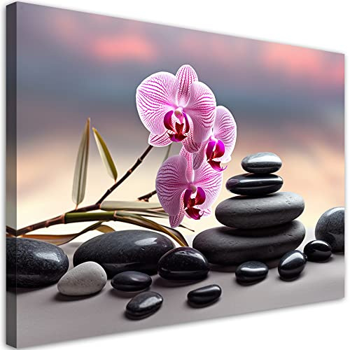 Feeby Bild Auf Leinwand Orchidee Zen Heilbad 60x40 cm 1 tlg Modern Leinwandbilder Bild auf Leinwand Kunstdruck Wand Bild Wanddeko Design Schlafzimmer Büro Flur Hotel Spa Wohnzimmer Steine Violett