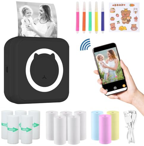 ZAKVOP mini drucker für Smartphone, mini Tragbare Fotodrucker, mini Pocket Printer, Bluetooth thermodrucker für iOS und Android, Aufkleber drucker für Journal, Notizen, Liste, Memo - Schwarz