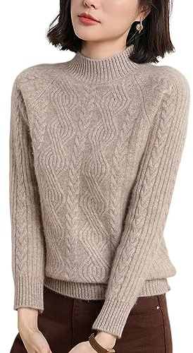 DISSA Pull Cachemire Femme Col Montant Torsade,Chameau,38