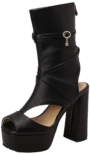 Mo Joc Botas de verano elegantes para mujer con plataformas gruesas y tacones altos, Negro , 38 EU