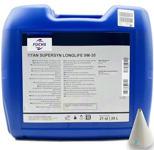20 L Fuchs Titan Supersyn Longlife 0W-30 | kompatibel mit MB 229.5 | VW 502 00/505 00 |Motorenöl | Motoröl | Ölwechsel | Öl | SAE 0W30 | mit Trichter