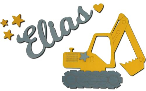 Personalisierter Name aus 4mm Sperrholz mit Bagger – Wanddeko Kinderzimmer | Türschild Jungen | Geschenk zur Geburt Taufe oder Geburtstag | Holzdeko inkl. Sterne & Herz