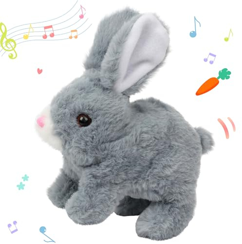 Hopearl Hopping Rabbit Interactive Electronic Pet Plush Bunny Toy with Sounds and Movements Animated Walking Wiggle Ears Twitch Nose Gifts for Toddlers Birthday, Gray, 7''