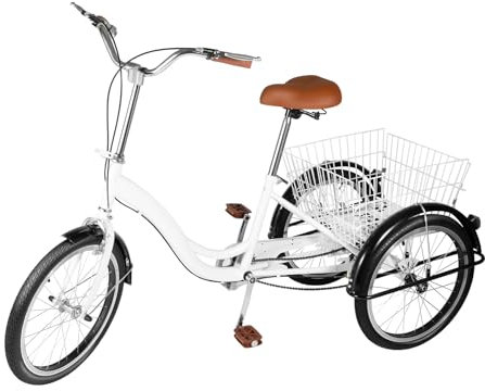 lalaleny 20 Zoll Dreirad für Erwachsene Senioren Fahrrad mit Einkaufskorb 3 Räder Dreiräder Höhenverstellbar Fahrräder Erwachsenendreirad Tricycle Fahrrad (Weiß)