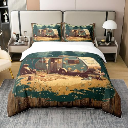 100% Baumwolle Camper Thema 155x220 Bettbezug,Glückliche Camping Bettwäsche Set für Kinder Erwachsene,Cartoon Reise Auto Bett Set,Bär Wildlife Tröster Abdeckung,Bauernhaus Alte Scheunentür Bettbezug