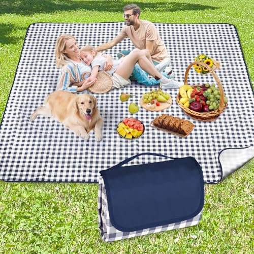 Anyiner Picknickdecke 200x200 cm, Sandfest Stranddecke Wasserdicht Campingdecke, Waschbar Leichtgewicht mit Tragegriff, Ideal für Outdoor, Camping, Strand & Familienpicknick (Blau Kariert)