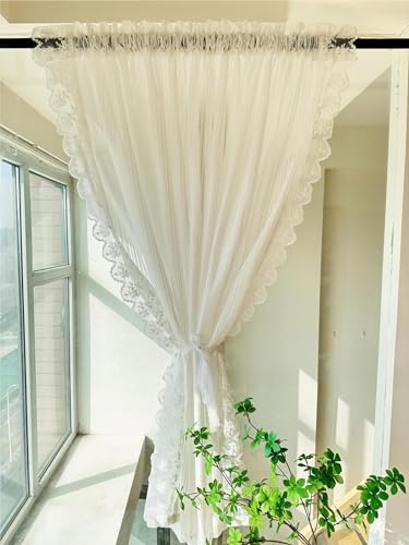 Vordesack Jacquard Scheibengardine Landhausstil mit Streifen Muster und Spitzenkante transparente Gardine mit Stangendurchzug in Küche, Wohnzummer 1 Stück Weiß HxB 80x200cm