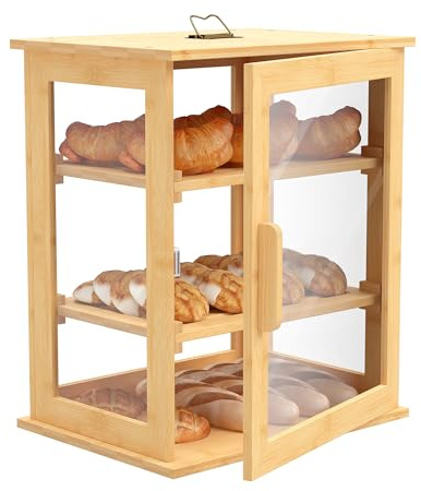 Nisorpa 3-Layer Bread Bin with Removable Cutting Board,Bamboo Bread Box with Clear Windows Bread Storage Containers for Kitchen Countertop/Collection Display Cabinet
