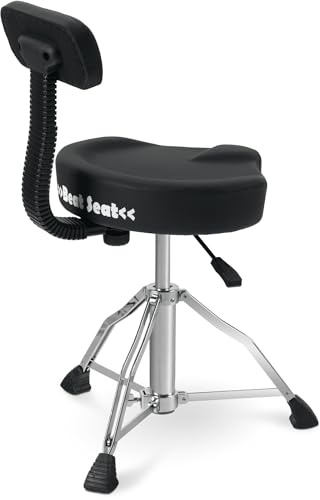 XDrum BeatSeat Tabouret batterie avec dossier, assise selle, support lombaire, simili cuir noir, réglage pneumatique 45-60 cm, pieds antidérapants en caoutchouc, double barre.