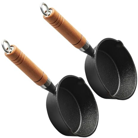 Garneck 2 in 1 Cast Iron Sauce Bowl Oil Pot Mini Frying Pan Iron Small Pot Wooden Handle Kitchen Supplies