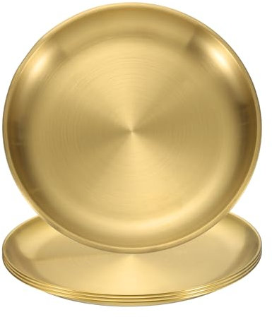 sourcing map 4Pcs Stainless Steel Dinner Plates, 26cm/10 Round Serving Plate Dishes Set Flat Metal Dinner Dishes Plate for Restaurants Kitchen Dessert Salad Food Outdoor Camping, Gold