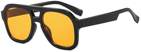 Long Keeper Occhiali da Sole Pilot Uomo Donna Occhiali da Sole Quadrati Pilota Retrò Anni 70 Occhiali da Guida Notturna Occhiali Pilota UV400 (Montatura Nero - Lente Arancione)