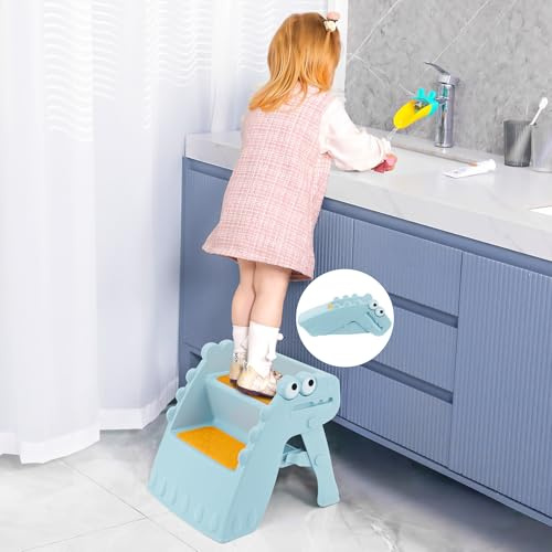Onasti Sgabello Pieghevole per Bambini – Sgabello Antiscivolo a 2 Gradini per Bambini, Scaletta 2 gradini per bambini Ideale per Vasino, Bagno, Cucina e Altro – Design a Dinosauro (Blu)