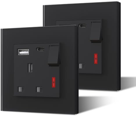 BSEED Single Plug Socket with USB C and USB A,Glass Switched Socket,UK Standard Electric Power Sockets,13A Wall Socket,Save Space,1 Gang-2 Pack,86mm Black