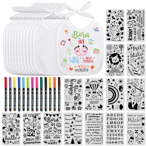 BOOMTOP 12 Baby Lätzchen zum Bemalen Babylätzchen Baumwolle mit 15x Malen Schablonen 12x Textilstifte Babyparty Deko Spiele Wasserdicht Lätzchen für Babys Junge Mädchen Babyshower Tiere Malvorlagen