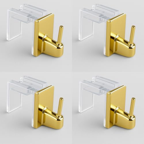 Byour3 - Set 4 pz Supporti per Tende Senza Forare - Gancetti Trasparenti regolabili per Bastoni a pressione Vetro Gancio x tende SENZA Bucare infisso - Gancini tende NO FORO (Oro Lucido, da 15 a 26mm)