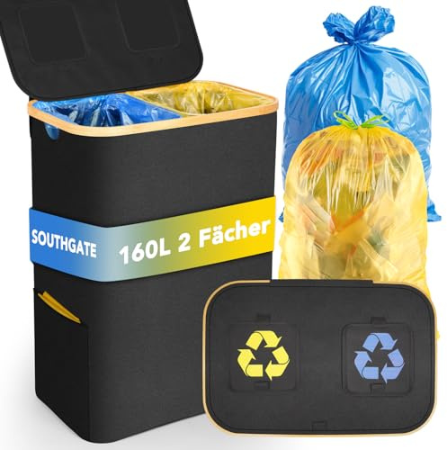 SOUTHGATE 2 scomparti gialli | 160 l stabile supporto per sacchi della spazzatura da 70 – 90 l x 2 | Pattumiera inodore con coperchio, sistema di spazzatura per cucina e casa, colore: nero