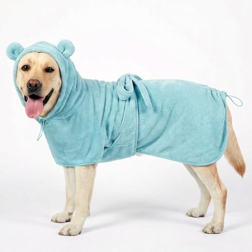 KOOGAL Kleiner bis mittelgroßer Hunde-Bademantel, schnell trocknend, super saugfähig, nach dem Baden, warme Hundehandtücher, verstellbare Hoodies und Gürtel für Haustiere, Hunde, Badekleidung (Blau, L