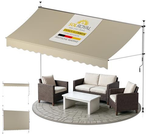 Sol Royal Klemmmarkise 4m breit ohne Bohren – Klemm-Markise mit Handkurbel Balkon Terrassen Sonnenschutz - Standmarkise Beige UV-Beständig Balkonmarkise zum Klemmen Witterungsbeständig BM3