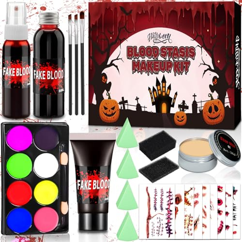 TEBOKHAD Faux Sang Halloween Kit, Kit de Cire de Cicatrice,avec Faux Spray Sanguin,Faux,éponge pour Les Jeux de Rôle et Les Fêtes D'Halloween