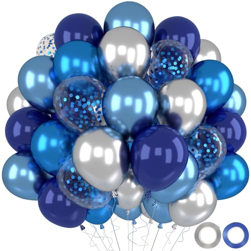 Luftballons Blau Silber, 52 Stück Luftballons Geburtstag Blaue Silber, Metallic Helium Luftballon und Konfetti Luftballon für Geburtstagsdeko Hochzeit Babyparty Taufe Baby Shower Deko Junge, 12 Zoll
