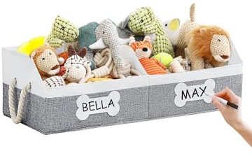 Beveetio Large Dog Toy Basket, Collapsible Fabric Dog Toy Bin with Removable Divider & DIY Tags, Trapezoid Storage Box with Rope Handles for Pet Supplies, Perfect for Living Room Storage-Grey&White