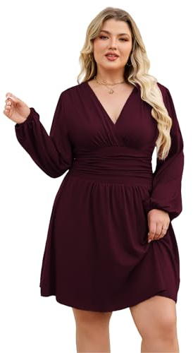 LIAMERHE Abito Donna Inverno Elegante Vestito Scollo a V e Vita Alta, Maniche Lunghe - Autunno Abito Plus Size Grandi Dimensioni - Comodo Traspirante per Casual e Occasioni Speciali Fucsia XL