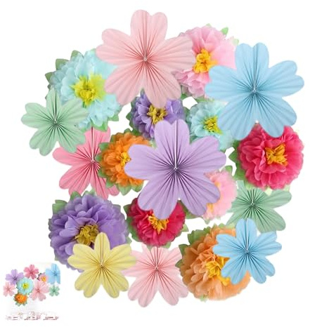 Pompons Deko Set, 19 Stück Papierblumen & Papierfächer Deko für Geburtstag Mädchen Hochzeit Gartenparty Tischdeko & Partyhintergrund