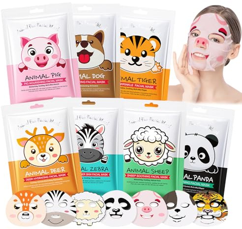 7 Pièces Masque Visage Enfant, Masque Visage Femme avec Imprimé Animalier, Masque Hydratant Visage, Convient à Tous Les Types de Peau
