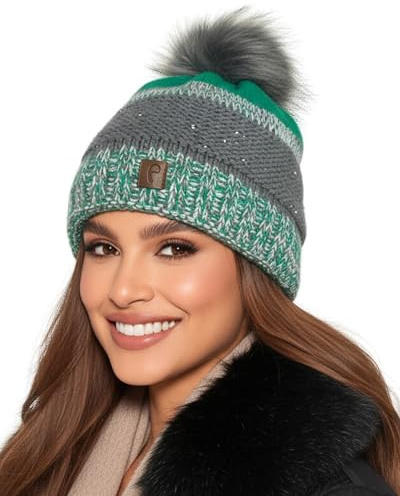 Baesics Bommelmütze Damen Herren - Wintermütze Kunstfell Bommel warm | Mit flauschigem Pompon und weichem Fleecefutter, Größe ca. 54-58 cm, Strick aus der EU. Warm für Herbst, Winter und als