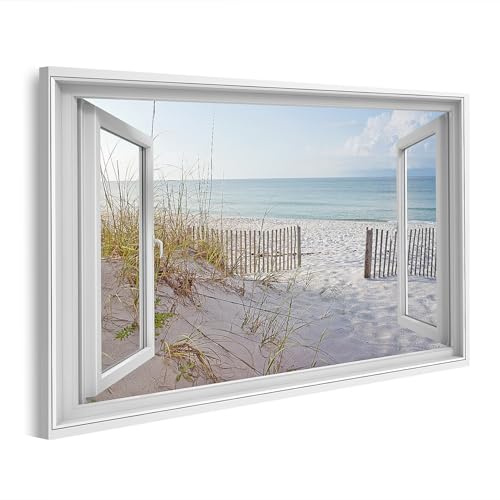 islandburner Bild auf Leinwand Offenes Fenster Meerblick Sandstrand und Dünengras Bilder Wandbilder 100x57cm