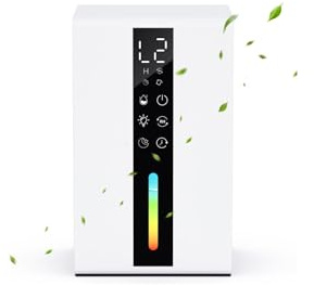Deumidificatore Casa con 1800ml, Deumidificatore Casa Muffa con Modalità di Umidità Alta e Bassa e Auto (≥50% RH), Spegnimento Automatico e Scongelamento, Timer 6/12/24/36/48H Ore, Luci a 7 Colori