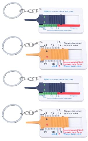 Lot de 4 mesureurs de profondeur de pneus automobiles de 0 à 20 mm, jauges solides avec porte-clés pour véhicules, vélos, camions