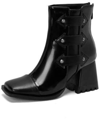 Genérico Botines Mujer Punk Correas con Tachuelas Punta Cuadrada Estampado Serpiente Espina De Pescado Tacón Grueso Cómodas Antideslizantes Fiesta Diario,Negro,46 EU