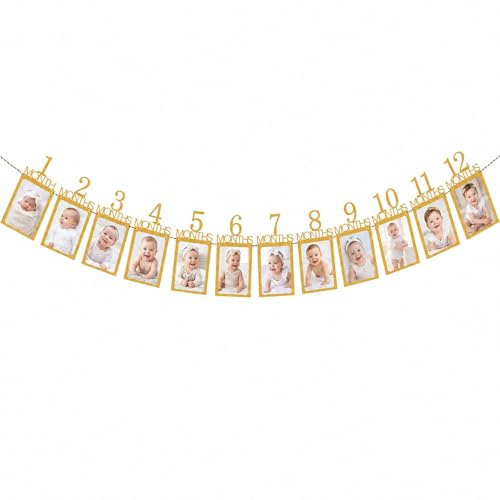 Fesnova Baby Fotogirlande, 1. Fotowand Deko Geburtstag, 12 Monate Baby Foto, Hängende Foto Wanddekoration, für Babyparty, Mädchen und Junge Geburtstagsdeko 1 Jahr(Gold）