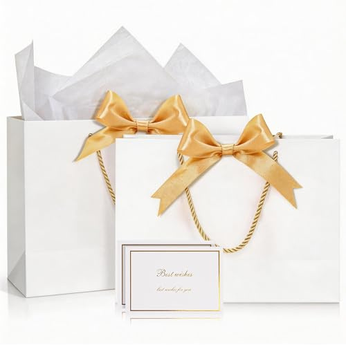Weiß Mittlere Geschenktüten Set, 2 Stück Papiertüten mit 4 Seidenpapier und 2 Grußkarten, für Geburtstags Party Hochzeit Brautjungfer Valentinstag Geschenkverpackung