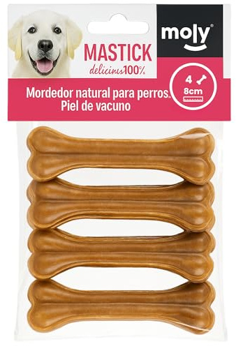 Moly x4 Hueso Prensado de 8 cm para Perros de Piel de Vacuno | Snack Natural para Fortalecer Dientes | Mordedor Natural y Saludable para Mascotas