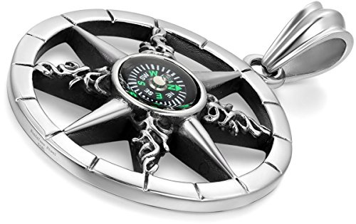 Flongo rostfritt stål hänge halsband silver svart kompass Dharma chakra hjul av undervisningen buddhistisk symbol rund cirkel retro män, med 55 cm kedja, Rostfritt stål, Ingen sten